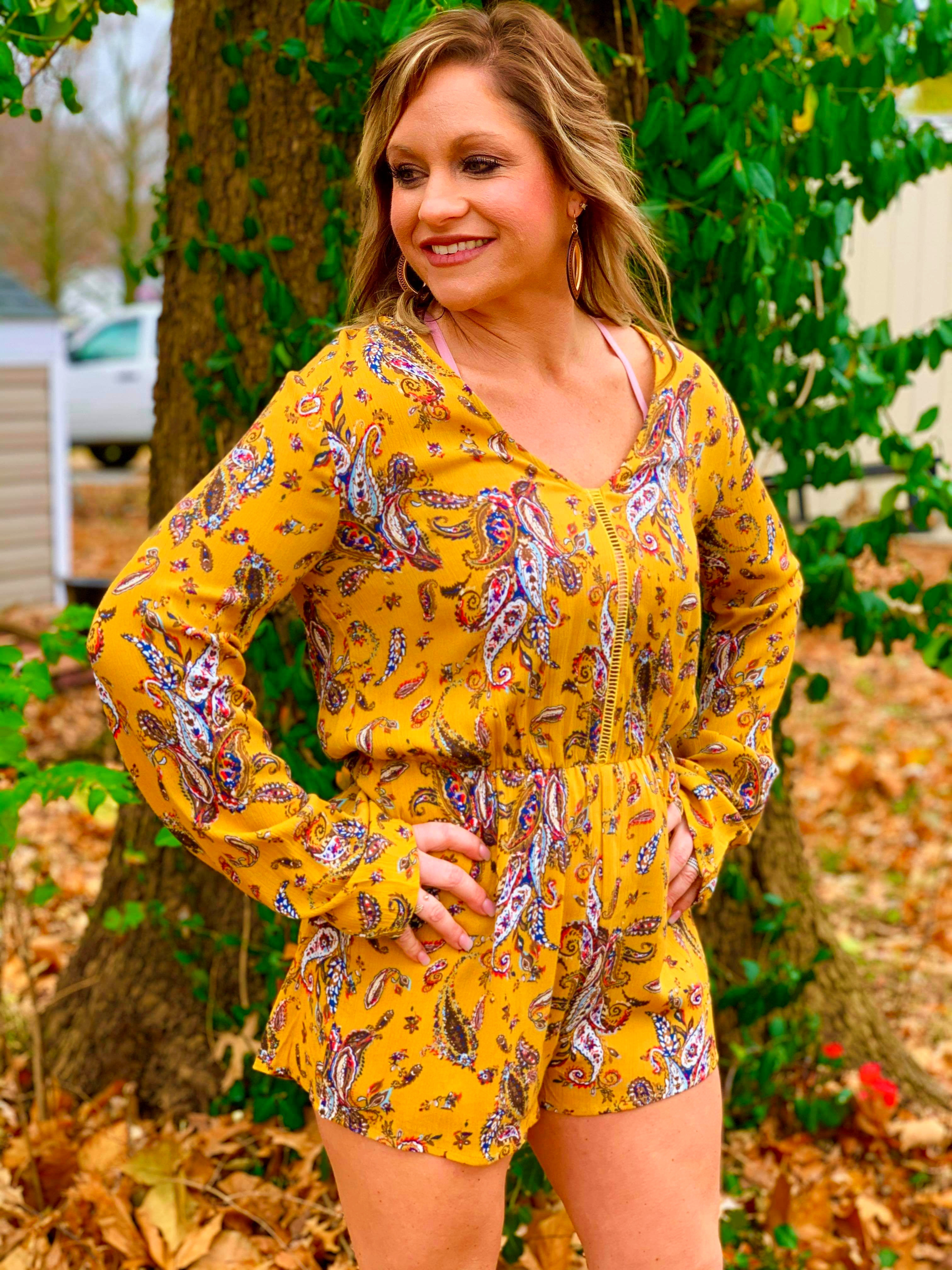 Mustard Paisley Open Back Bell Sleeve Romper