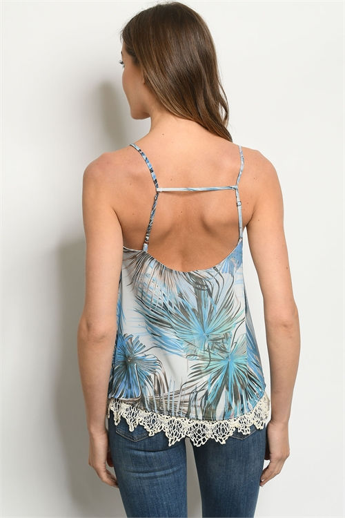 Thumbnail: Blue Lace Trim Leaf Printed Tank