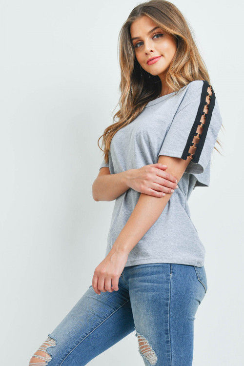 Thumbnail: Gray Tie Open Back with Ladder Sleeve Detail