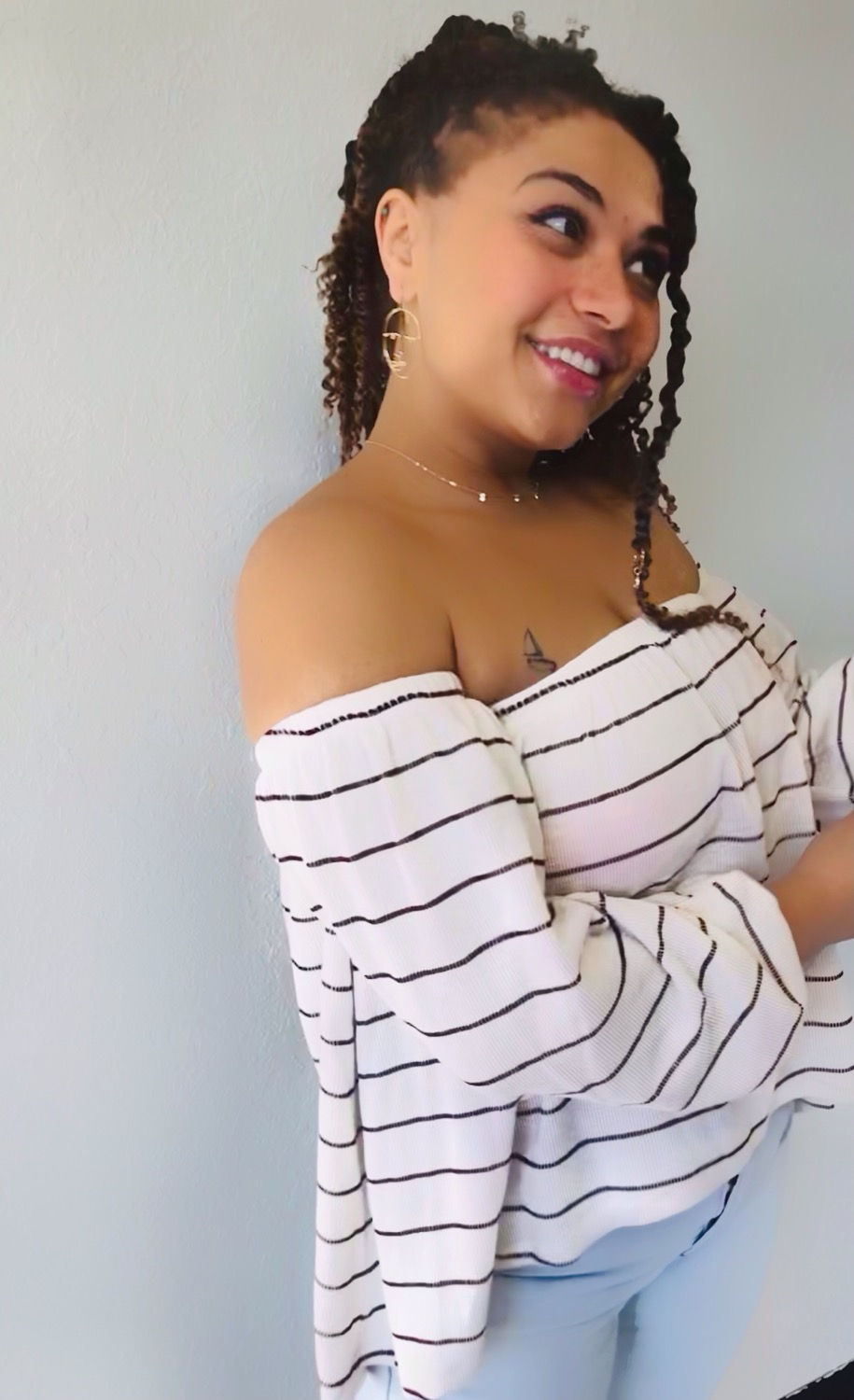 Thumbnail: Ivory Burgundy Striped Off-Shoulder Long Sleeve Top