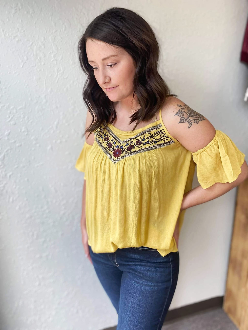 Thumbnail: Yellow Embroidered Cold Shoulder Blouse