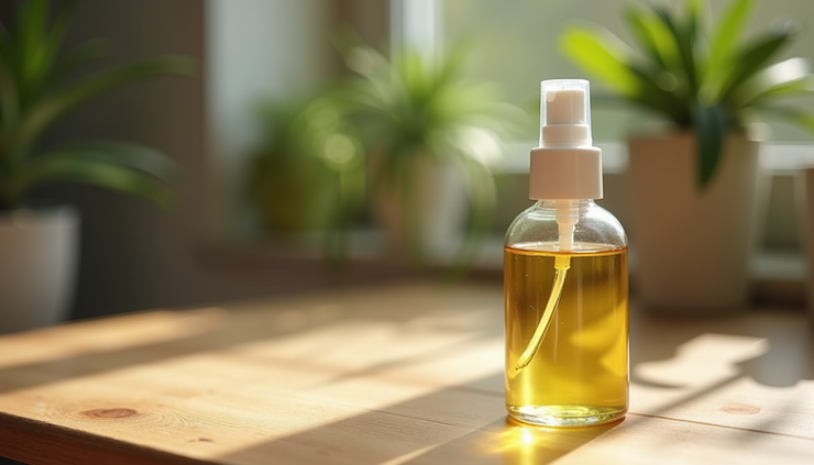 Close-up view of a clear bottle of magnesium oil with a spray nozzle on a wooden surface