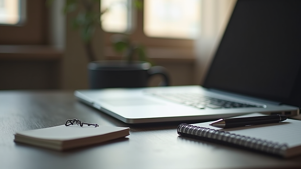 Eye-level view of a laptop on a desk with a notebook and pen
