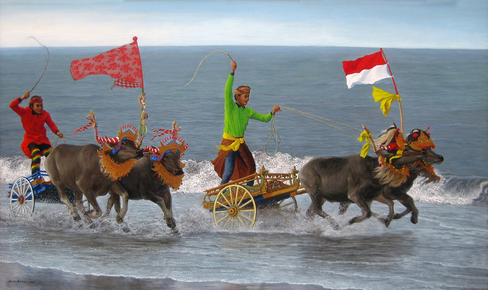 Wayan Bawa Antara, Makepung (The Buffalo race tradition at Jembrana, West Bali) (2025), Oil and acrylic on canvas © Wayan Bawa Antara | Hadiprana Gallery