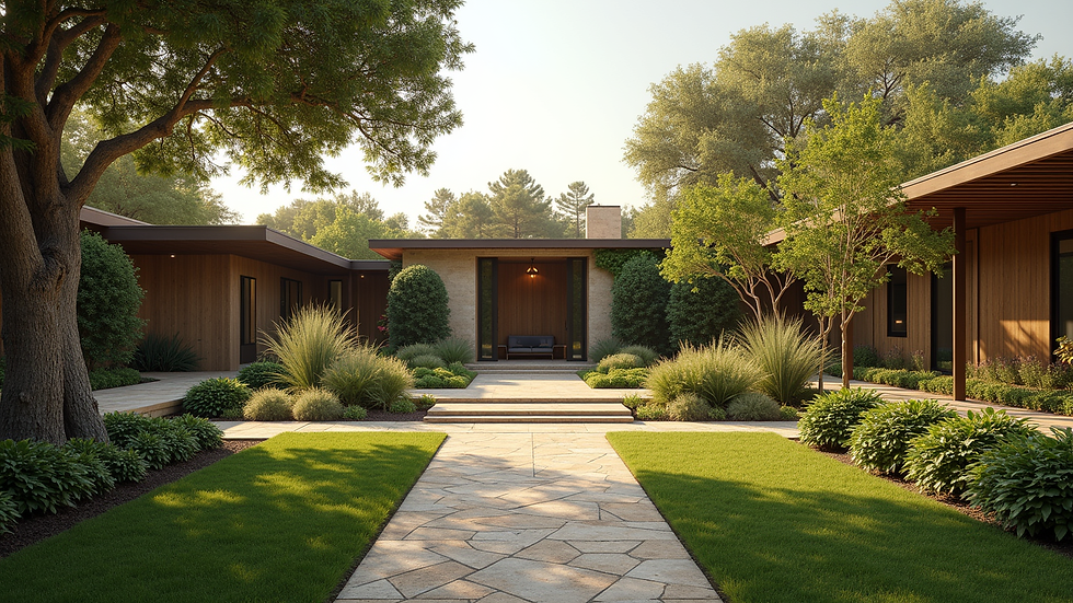Wide angle view of a serene garden at Spirit Hacienda