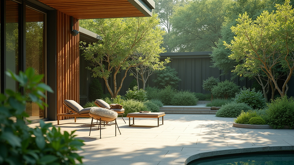 Wide angle view of tranquil outdoor space with lush greenery