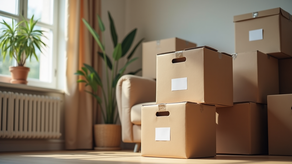 Close-up view of labeled moving boxes stacked in a living room