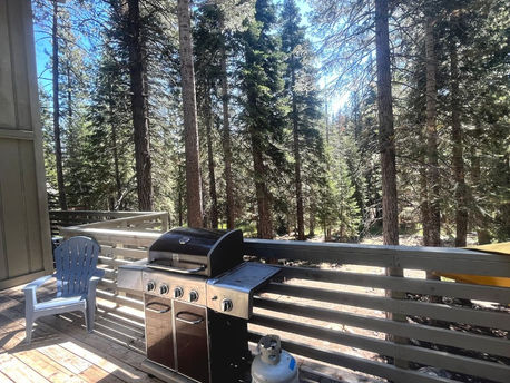 A barbecue grill and chair on a wooden deck overlook a serene pine forest under a clear blue sky, creating a peaceful outdoor setting.