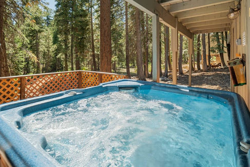 Bubbling hot tub on a porch surrounded by tall trees and forest. Sunny day with light streaming through. Wooden lattice fence in view.