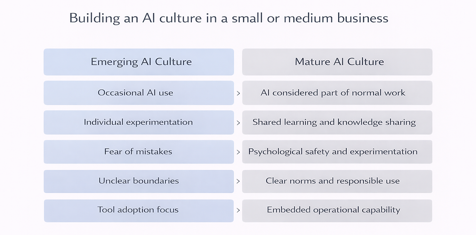 Comparison infographic showing emerging AI culture versus mature AI culture in a small or
medium business, highlighting progression from occasional AI use, individual
experimentation, fear of mistakes, unclear boundaries and tool-focused adoption toward
embedded operational capability, shared learning, psychological safety and clear norms.