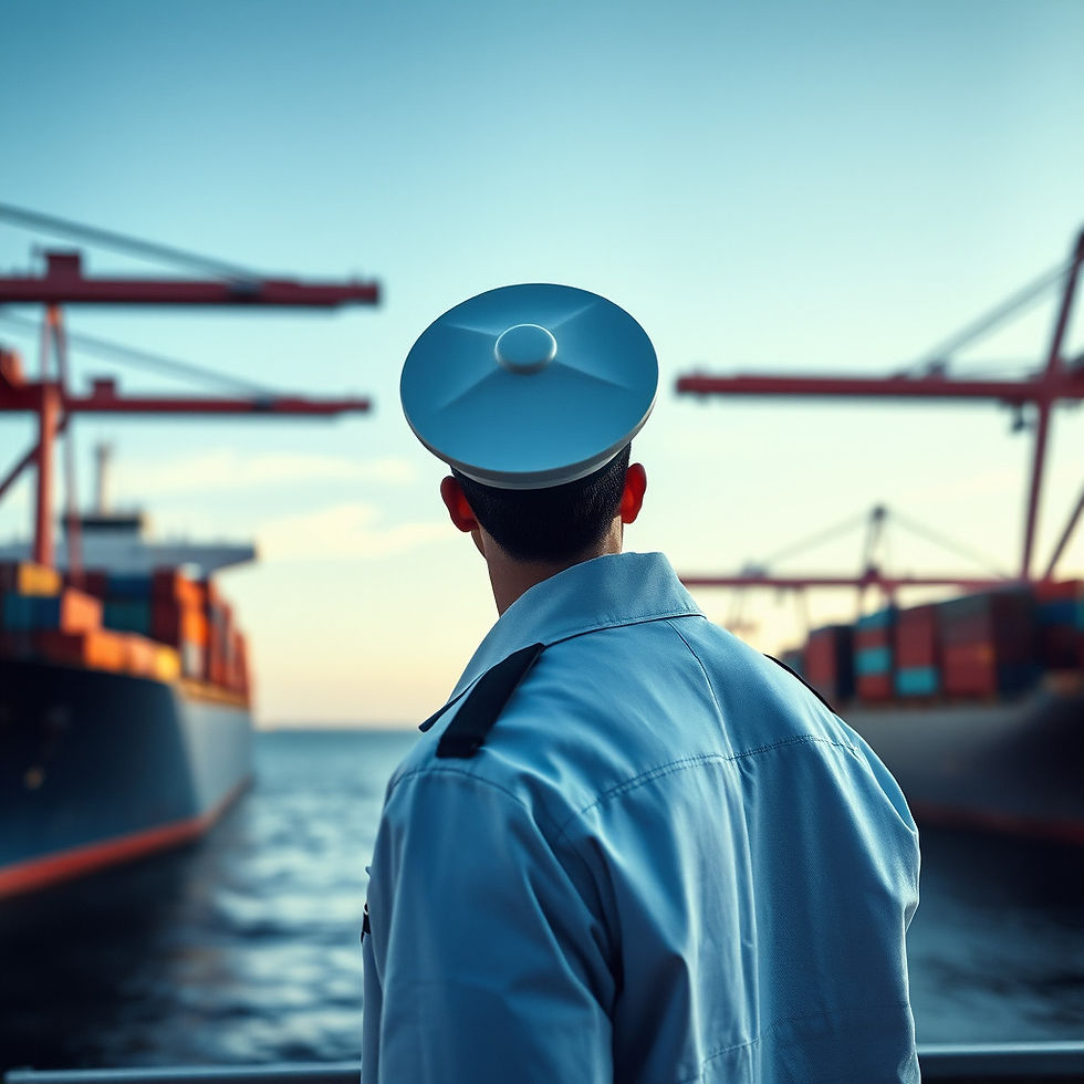 A sailor stands on deck, overseeing cargo operations as massive containers are loaded onto ships at the bustling port, bathed in the golden light of sunset.