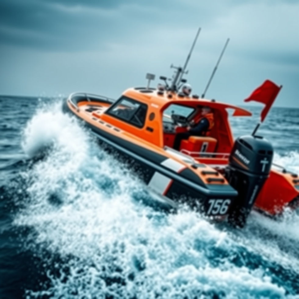 A vibrant orange rescue boat navigates through choppy waves, showcasing the skill and precision of maritime rescue operations.