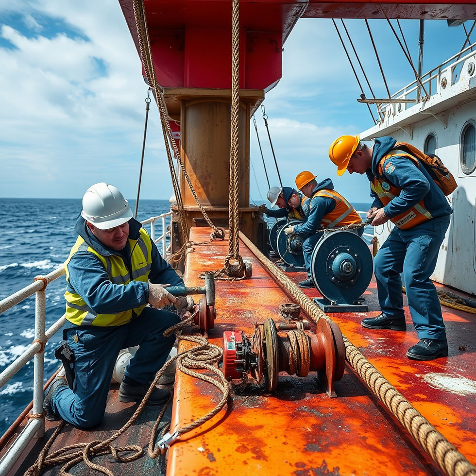 Crew members work diligently on the deck of a ship, repairing equipment and ensuring everything is secure as they sail through calm seas.