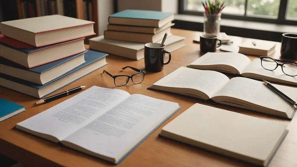 Eye-level view of study materials arranged on a desk