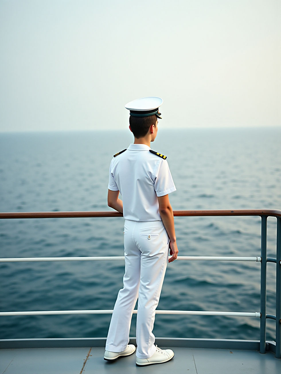 A young naval officer stands on deck, gazing thoughtfully at the vast sea under a clear sky.