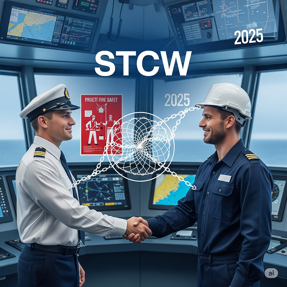 A captain and an engineer shake hands on the ship's bridge, symbolizing collaboration under the 2025 STCW standards.