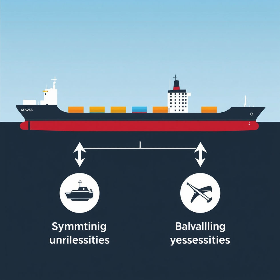 Illustration of a cargo ship showcasing its underwater hull with labeled sections indicating different functionalities, emphasizing maritime engineering concepts.