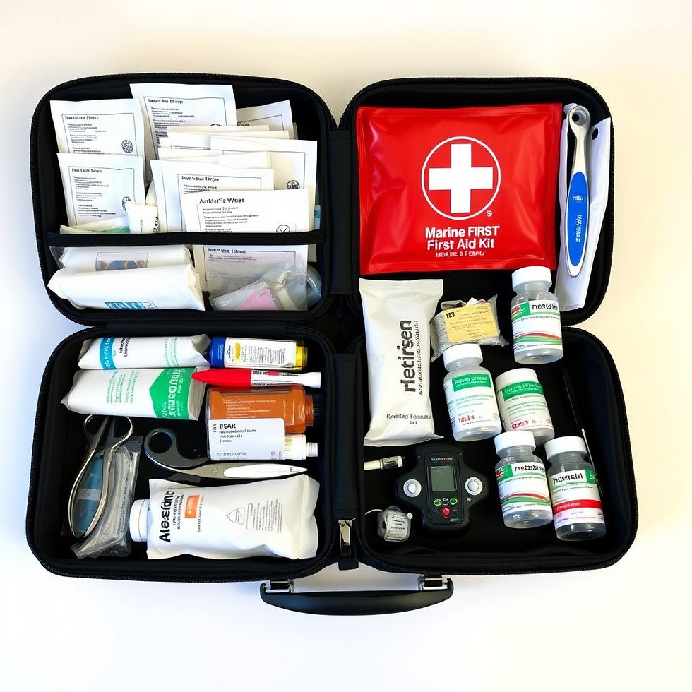 Comprehensive marine first aid kit, fully equipped with medications, tools, and emergency supplies for nautical safety and health preparedness.