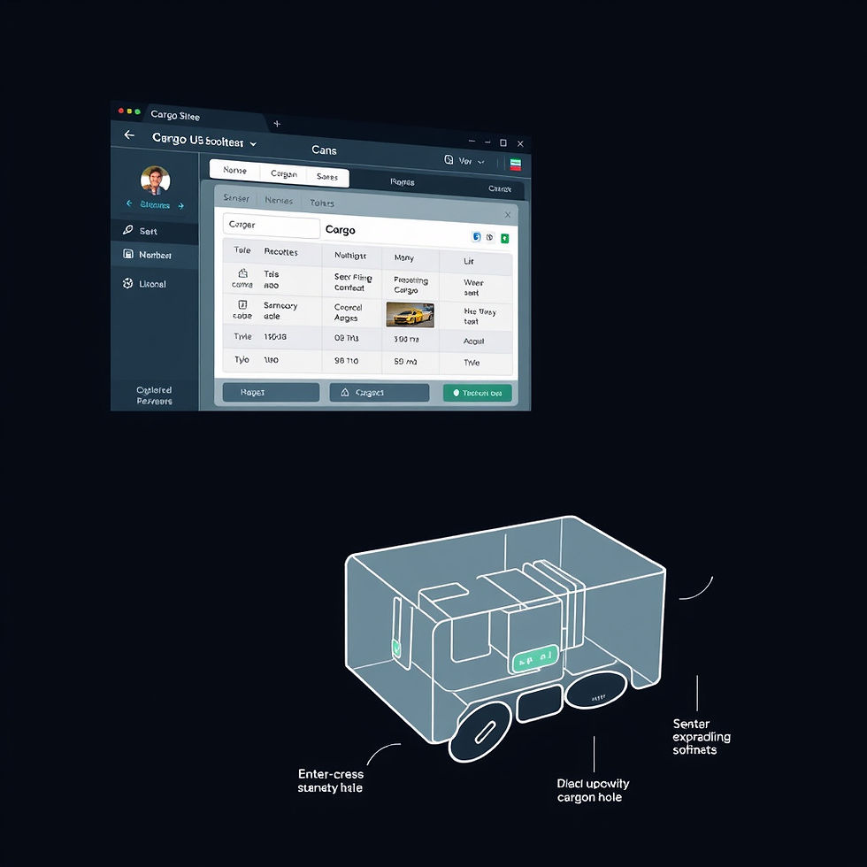 Interface and schematic of a cargo management system displaying vehicle details and technical design elements for efficient logistics operations.
