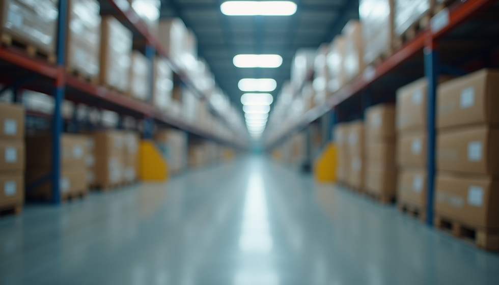 Blurred view of a spacious warehouse aisle lined with towering shelves full of uniform brown boxes, highlighting the scale and organization within a modern distribution facility.
