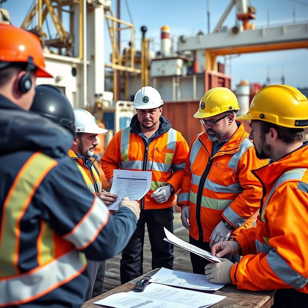 A group of offshore workers in safety gear reviews documents during a meeting on an industrial platform, emphasizing collaboration and safety protocols.