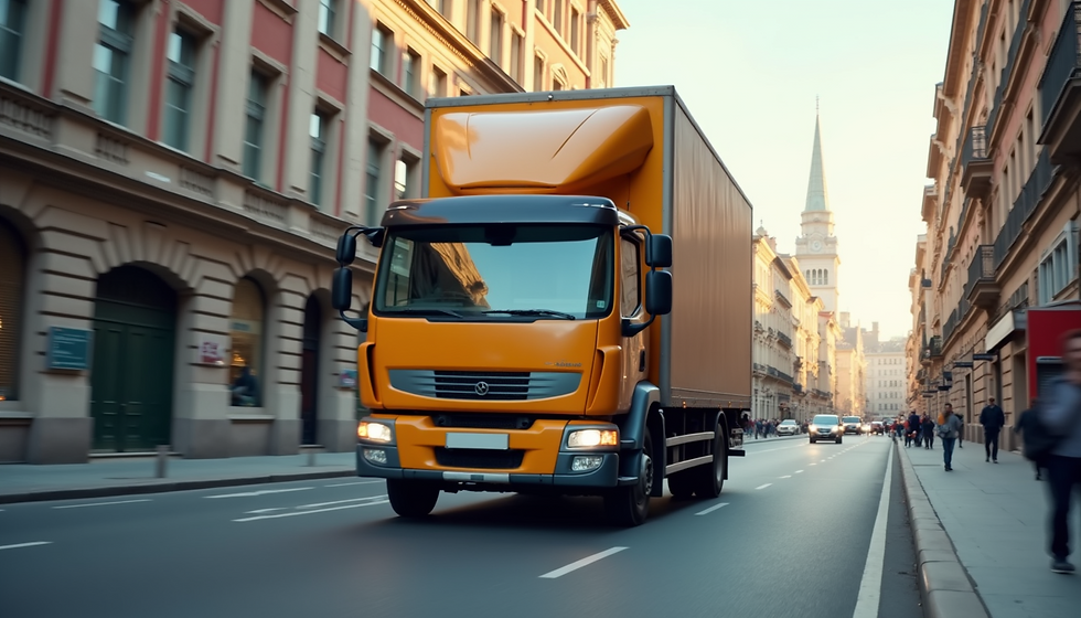 A bright orange delivery truck navigates through a bustling European street lined with historic architecture, as pedestrians and vehicles move alongside under a clear sky.