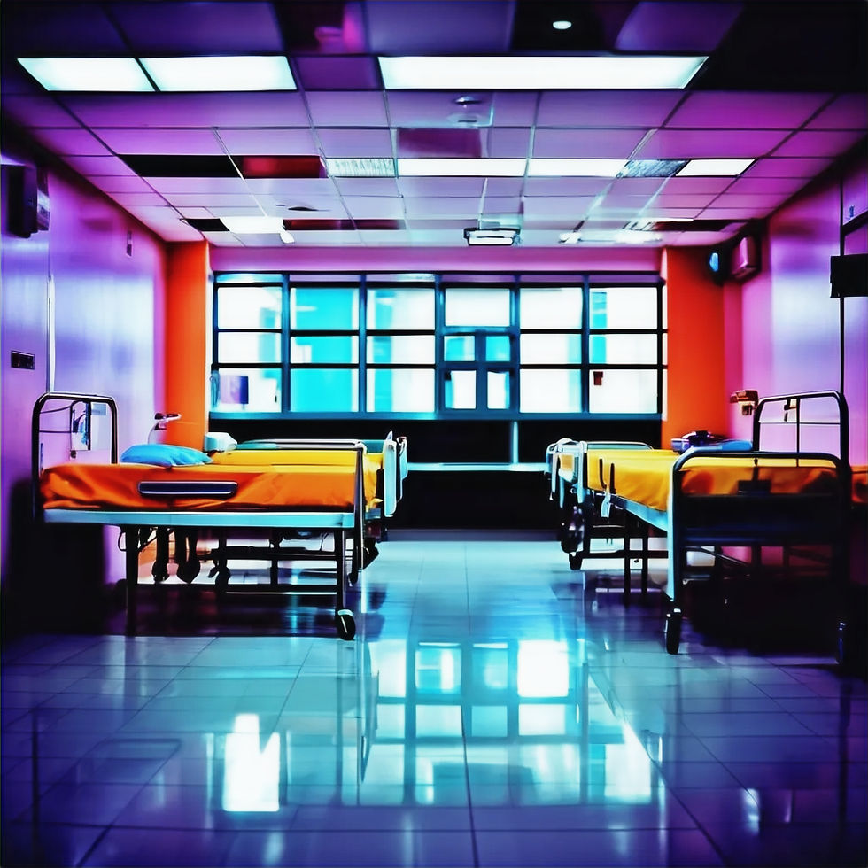 Vibrant lighting casts colorful reflections in this serene hospital ward.