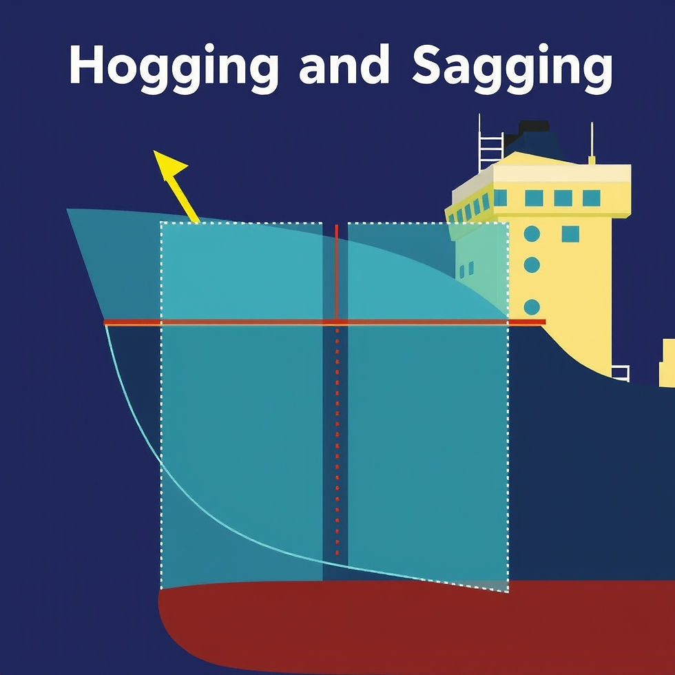 Illustration depicting the concepts of hogging and sagging, where a ship's hull bends due to uneven weight distribution, with arrows indicating the stress points.