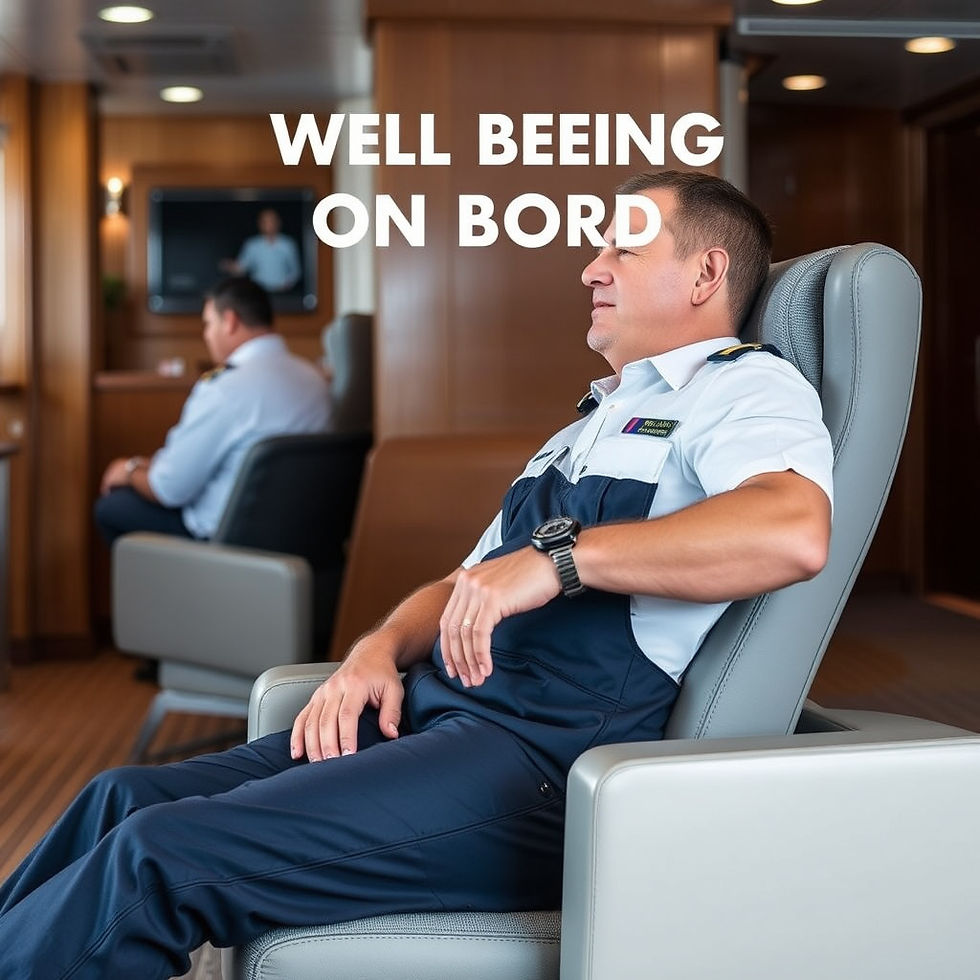 Crew members relax in comfortable seating on board, highlighting the importance of relaxation and well-being during maritime duties.
