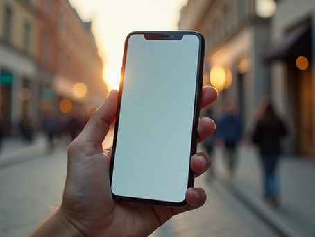 A person holds up a smartphone with a blank screen on a vibrant city street at sunset, capturing the bustling ambiance of urban life.
