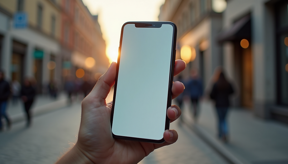 A person holds up a smartphone with a blank screen on a vibrant city street at sunset, capturing the bustling ambiance of urban life.