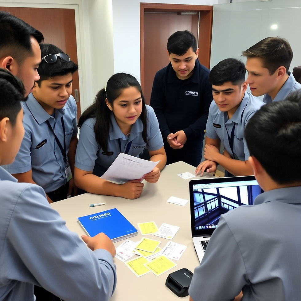 A group of students in uniform collaboratively engage in a team discussion, reviewing documents and information on a laptop as part of a classroom project.