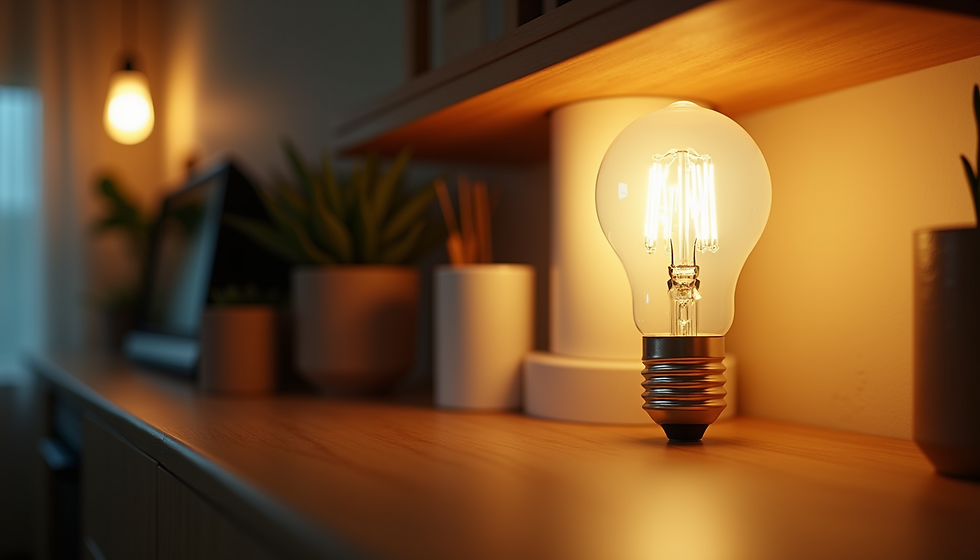 A warm, glowing light bulb softly illuminates a cozy workspace, casting gentle shadows over nearby plants and creating a serene ambiance in the room.