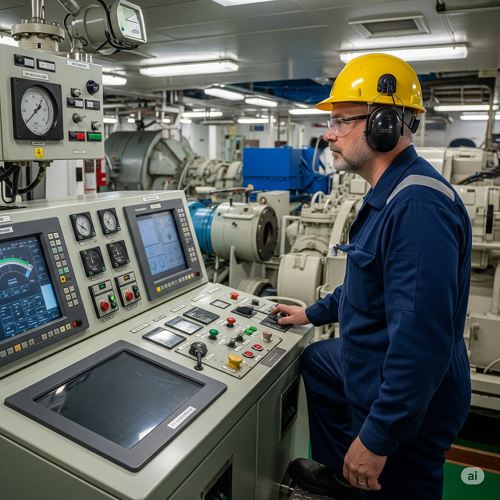 An engineer is diligently overseeing a complex array of controls and monitors in the engine room of a ship, ensuring smooth and efficient operations.