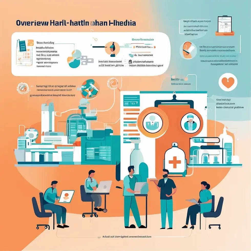 A depiction of a healthcare system's workflow, patient care and data management in a futuristic setting.