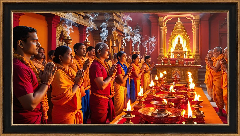 Devotees gather in reverence, chanting Sanskrit slokas amidst the serene ambiance of a temple ritual, surrounded by sacred flames and incense.
