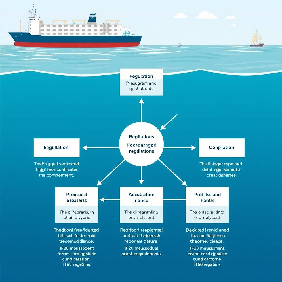 Container ship illustration above a flowchart with nonsensical text bubbles about regulations and procedures.