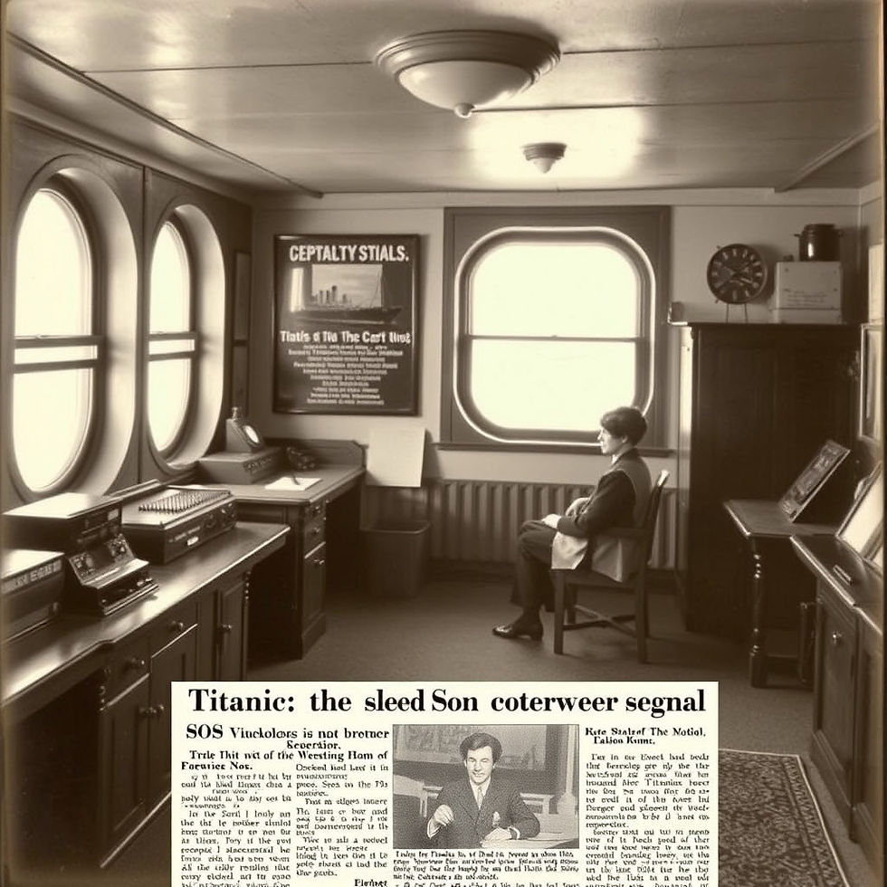 A vintage scene depicting a person seated in a ship's radio room, surrounded by communication equipment and a view through portholes. A newspaper headline hints at a maritime event, with references to the Titanic and an SOS signal.