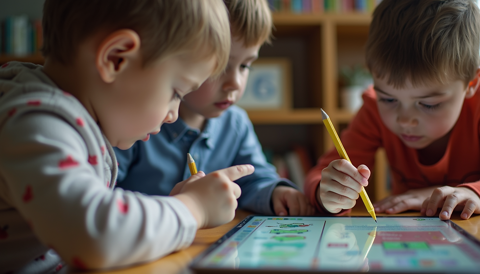 Three young children are deeply engaged with an educational app on a tablet, using pencils to interact with the screen as they collaborate on a learning activity.