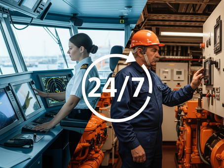 A ship's crew demonstrates 24/7 dedication, with the officer at the helm managing navigation systems and the engineer overseeing the engine room, ensuring smooth and continuous operations.