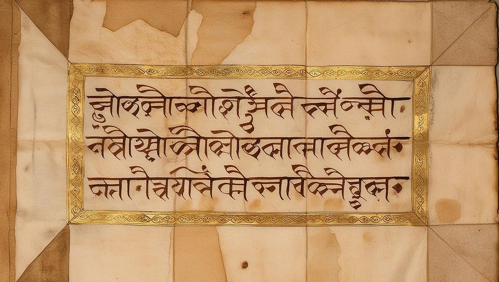 Ancient Sanskrit script adorned with intricate gold borders on aged parchment.