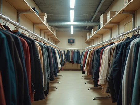 A neatly organized clothing storage room with rows of colorful jackets and shirts hanging from metal racks, showcasing a well-arranged wardrobe space.