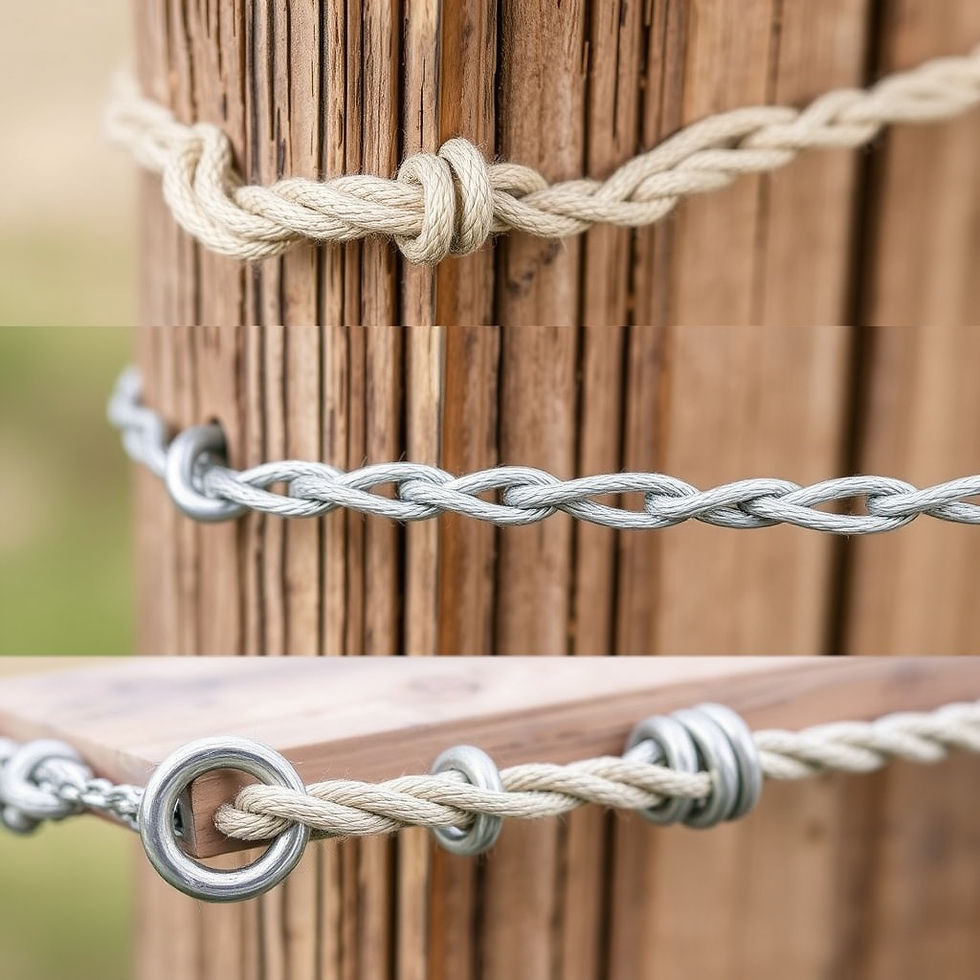 Close-up images showcase various rope and wire knotting techniques on a wooden post, highlighting different materials including natural fiber rope and metal wire, demonstrating secure fastening methods.