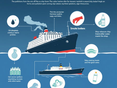 Illustration highlighting the environmental impact of ships, featuring issues like oil droplets, smoke emissions, plastic waste, and ballast water pollution.