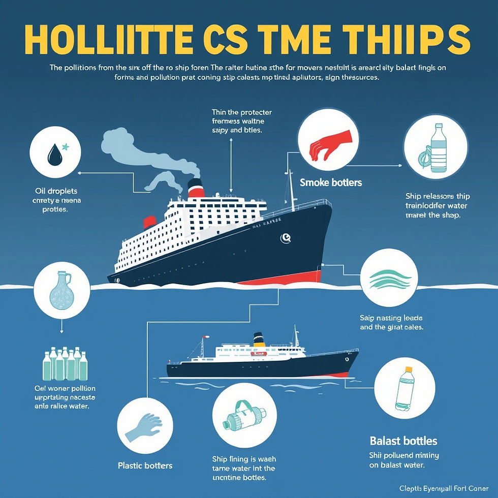 Illustration highlighting the environmental impact of ships, featuring issues like oil droplets, smoke emissions, plastic waste, and ballast water pollution.