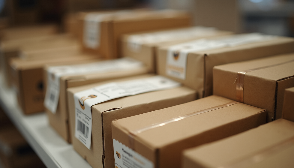 Neatly stacked brown packages with white labels are arranged on shelves, awaiting shipment in a bustling warehouse.