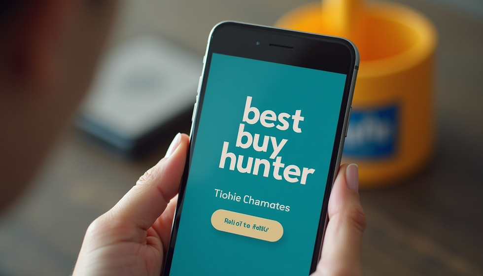 A person holds a smartphone displaying the "best buy hunter" app for identifying top deals, with a blurred background hinting at a home or office setting.