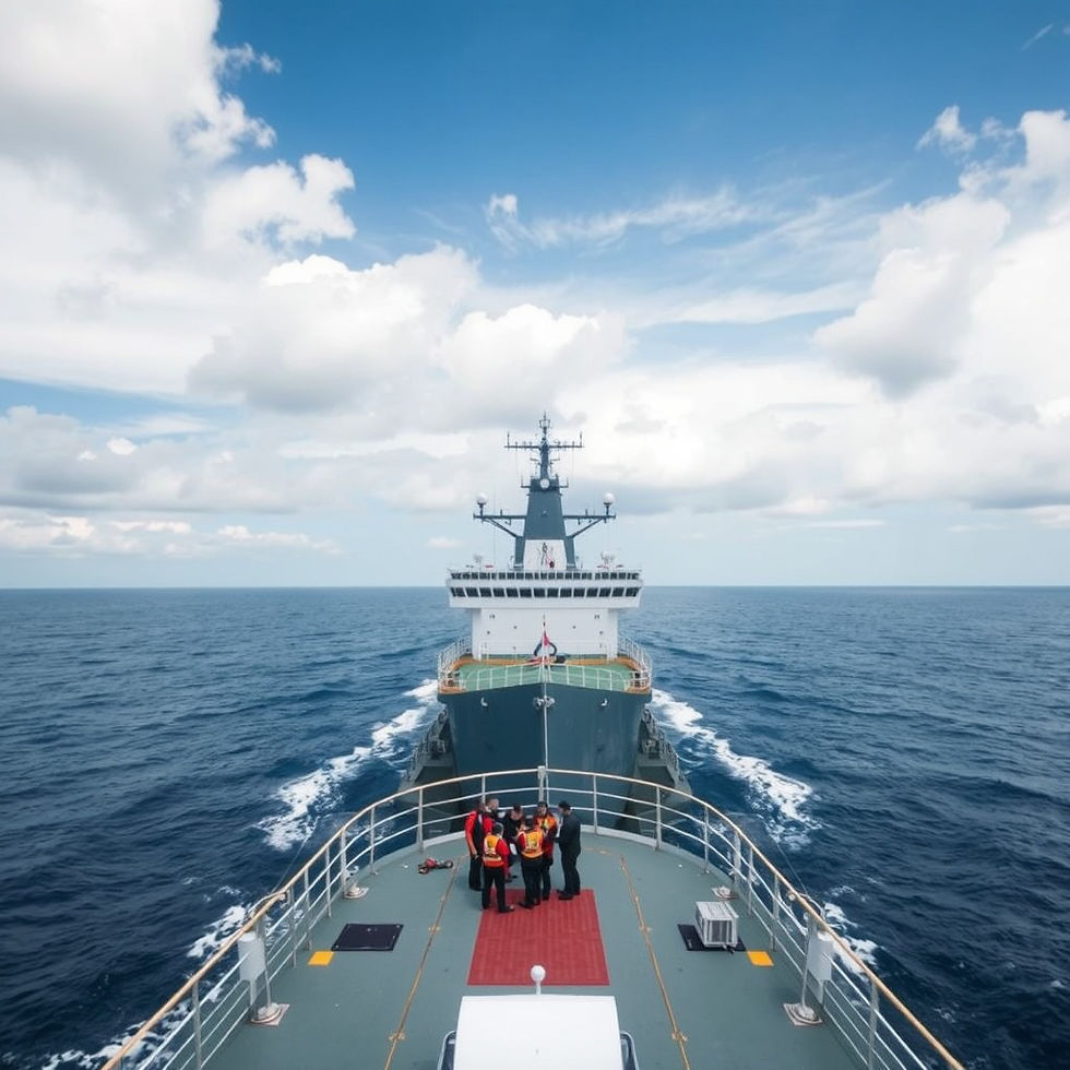 A group of crew members gathers on the deck of a ship as it navigates through calm ocean waters under a clear blue sky.