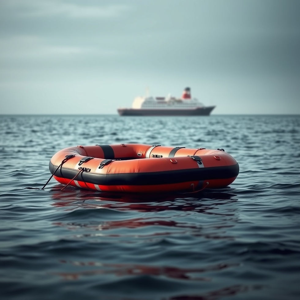 A bright orange life raft floats calmly in the open sea, with a large ship visible in the distance under a cloudy sky.