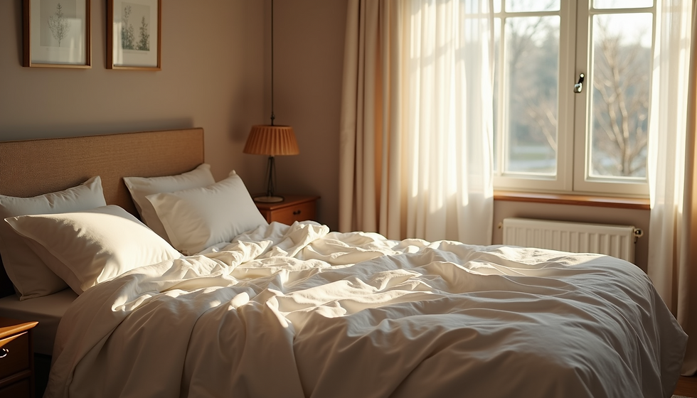 Cozy morning light pouring into a serene bedroom, highlighting the warmth of soft linens and natural furnishings.